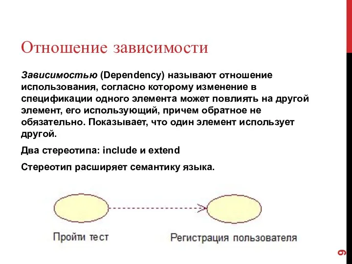 Отношение зависимости Зависимостью (Dependency) называют отношение использования, согласно которому изменение в