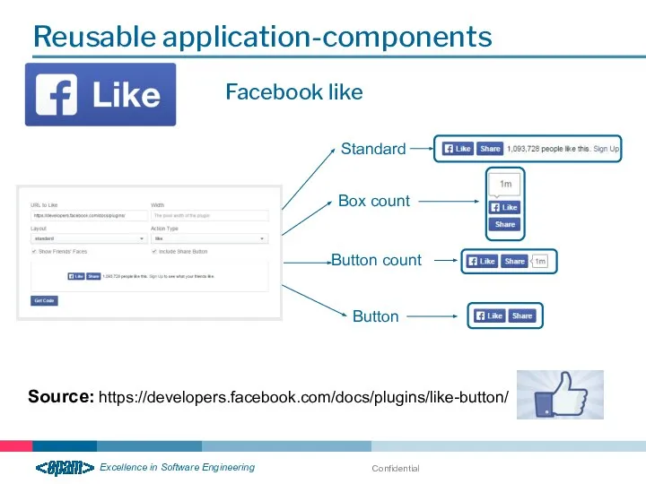 Confidential Reusable application-components Source: https://developers.facebook.com/docs/plugins/like-button/ Facebook like Standard Box count Button count Button