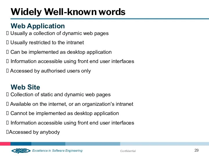 Confidential Widely Well-known words Web Application Usually a collection of dynamic