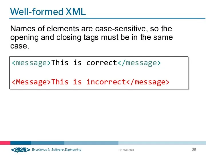 Confidential Well-formed XML Names of elements are case-sensitive, so the opening