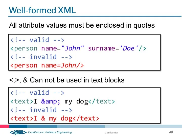 Confidential Well-formed XML All attribute values must be enclosed in quotes