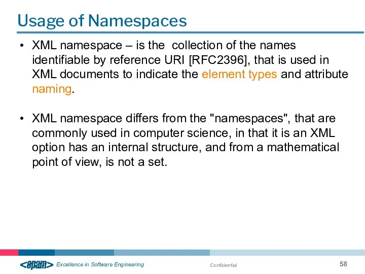 Confidential Usage of Namespaces XML namespace – is the collection of