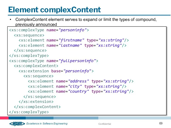 Confidential Element complexContent ComplexContent element serves to expand or limit the types of compound, previously announced