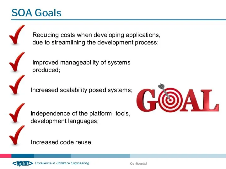 Confidential SOA Goals Reducing costs when developing applications, due to streamlining