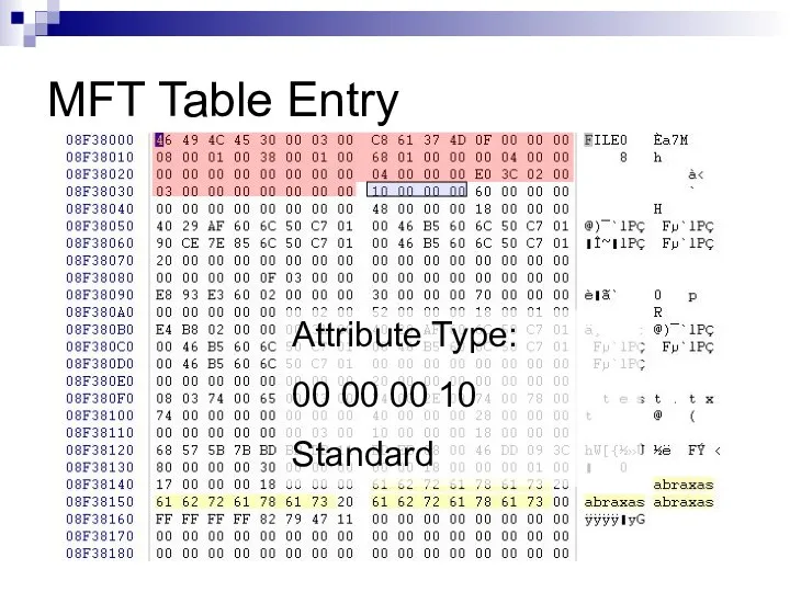 MFT Table Entry Attribute Type: 00 00 00 10 Standard