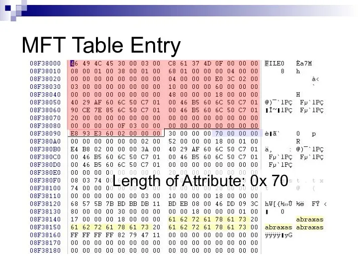MFT Table Entry Length of Attribute: 0x 70