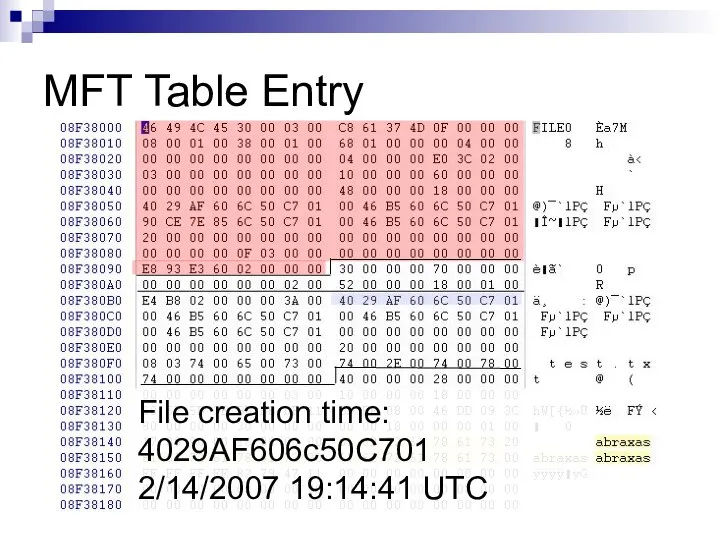 MFT Table Entry File creation time: 4029AF606c50C701 2/14/2007 19:14:41 UTC