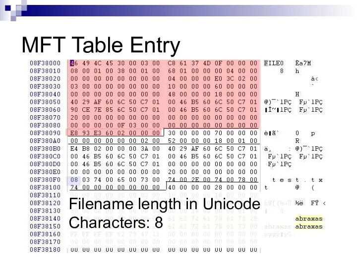 MFT Table Entry Filename length in Unicode Characters: 8