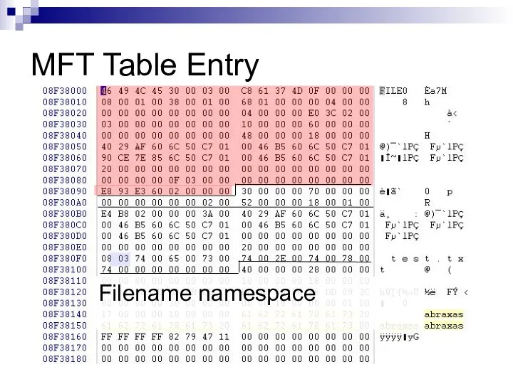 MFT Table Entry Filename namespace