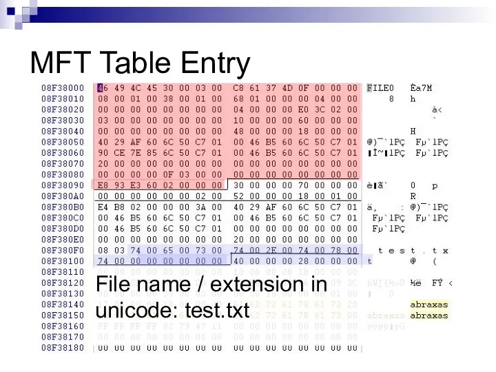 MFT Table Entry File name / extension in unicode: test.txt