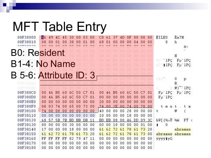 MFT Table Entry B0: Resident B1-4: No Name B 5-6: Attribute ID: 3