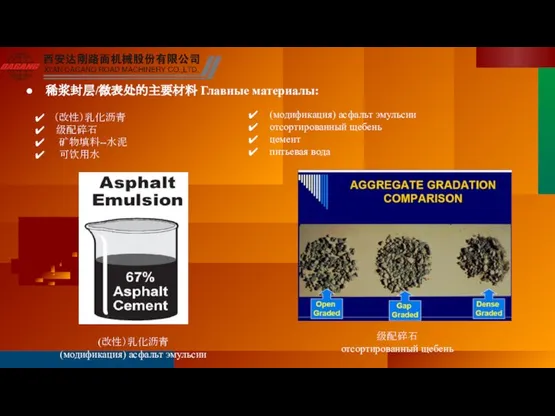 稀浆封层/微表处的主要材料 Главные материалы: (改性）乳化沥青 (модификация) асфальт эмульсии 级配碎石 отсортированный щебень (модификация)