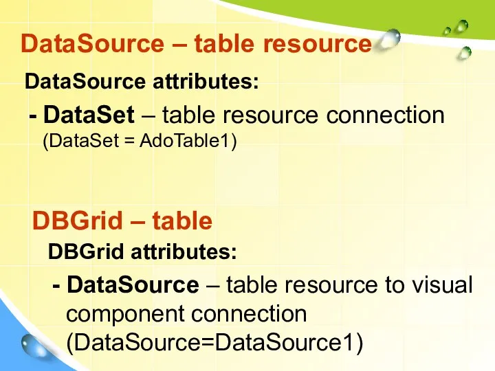 DataSource attributes: DataSet – table resource connection (DataSet = AdoTable1) DataSource