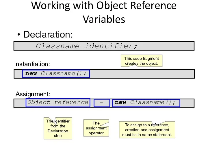 Working with Object Reference Variables Declaration: Classname identifier; Instantiation: new Classname();