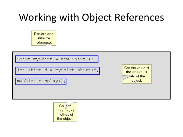 Working with Object References Shirt myShirt = new Shirt(); int shirtId