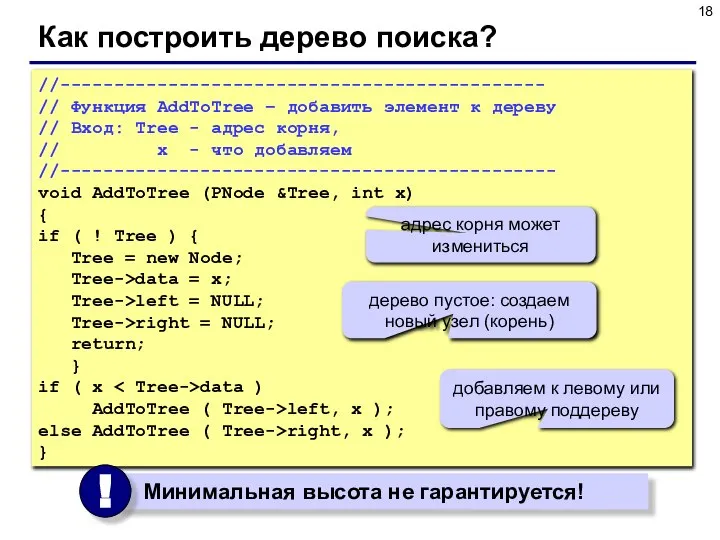 Как построить дерево поиска? //--------------------------------------------- // Функция AddToTree – добавить элемент