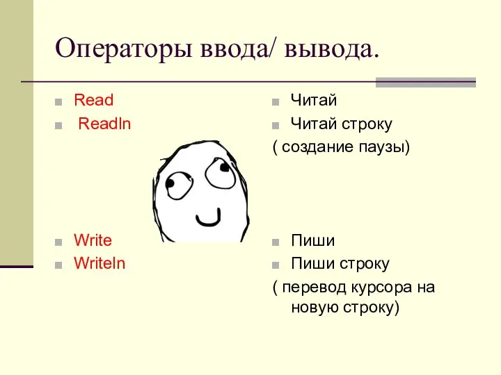 Операторы ввода/ вывода. Read Readln Write Writeln Читай Читай строку (