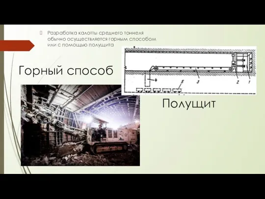 Разработка калотты среднего тоннеля обычно осуществляется горным способом или с помощью полущита Полущит Горный способ