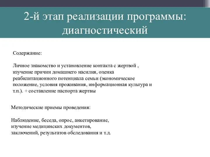 2-й этап реализации программы: диагностический Методические приемы проведения: Наблюдение, беседа, опрос,