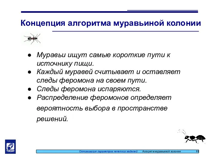 Концепция алгоритма муравьиной колонии Муравьи ищут самые короткие пути к источнику