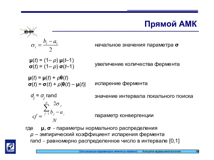 Прямой АМК Оптимизация параметров нечетких моделей Алгоритм муравьиной колонии 19 μ(t)