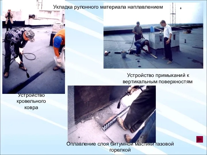 Устройство кровельного ковра Устройство примыканий к вертикальным поверхностям Оплавление слоя битумной