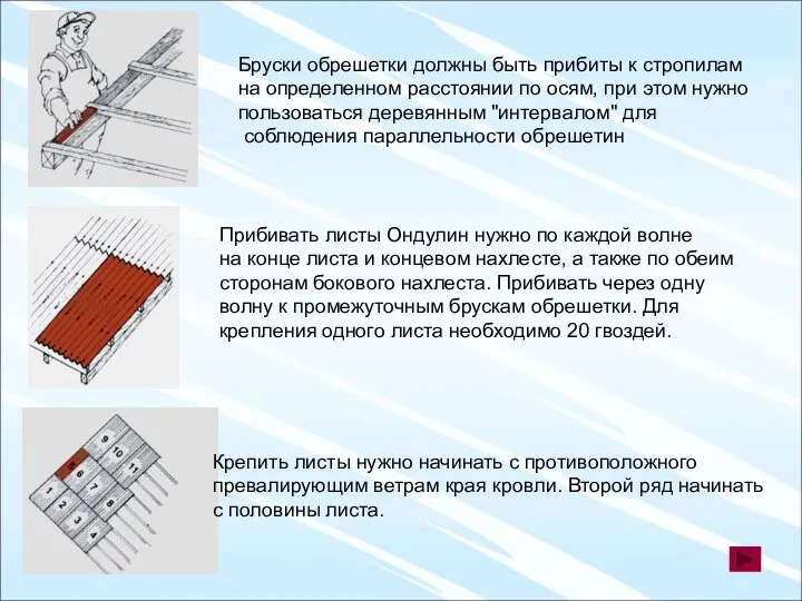 Бруски обрешетки должны быть прибиты к стропилам на определенном расстоянии по