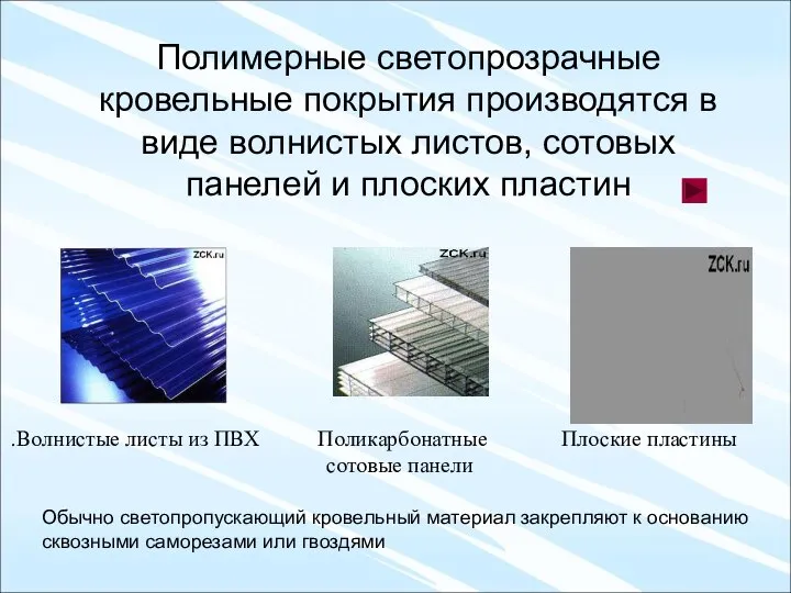 Полимерные светопрозрачные кровельные покрытия производятся в виде волнистых листов, сотовых панелей