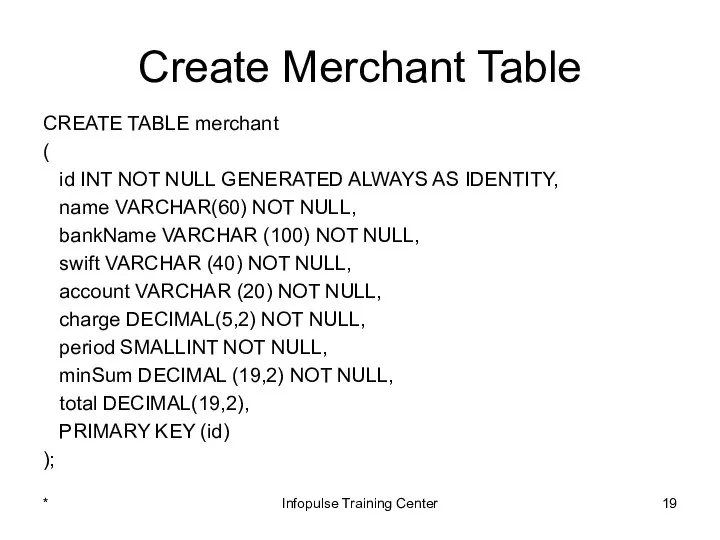 Create Merchant Table CREATE TABLE merchant ( id INT NOT NULL