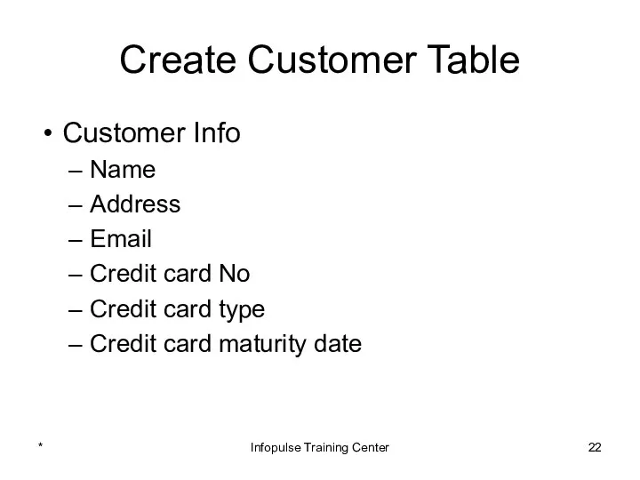 Create Customer Table Customer Info Name Address Email Credit card No