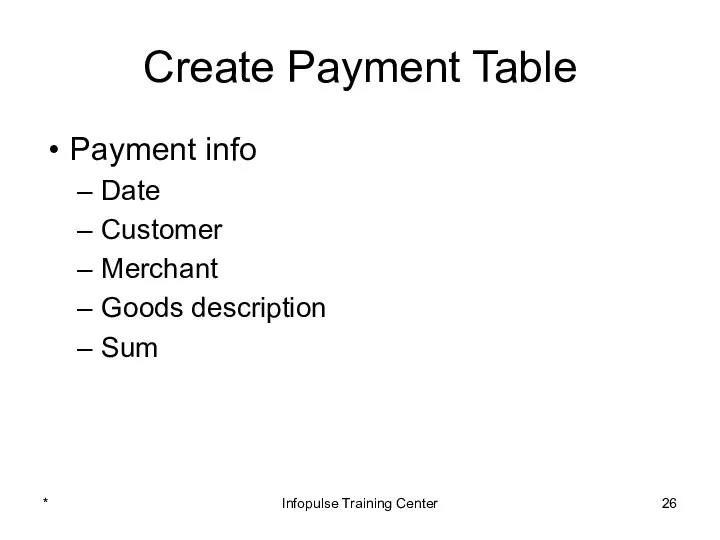 Create Payment Table Payment info Date Customer Merchant Goods description Sum * Infopulse Training Center