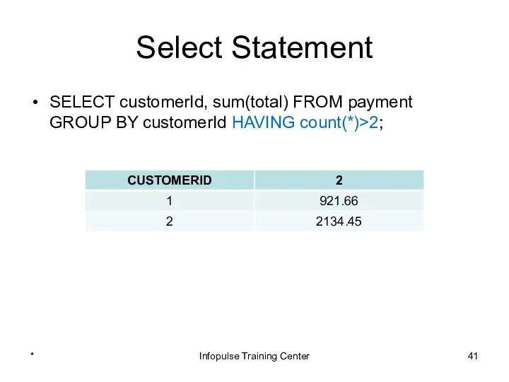 Select Statement SELECT customerId, sum(total) FROM payment GROUP BY customerId HAVING count(*)>2; * Infopulse Training Center