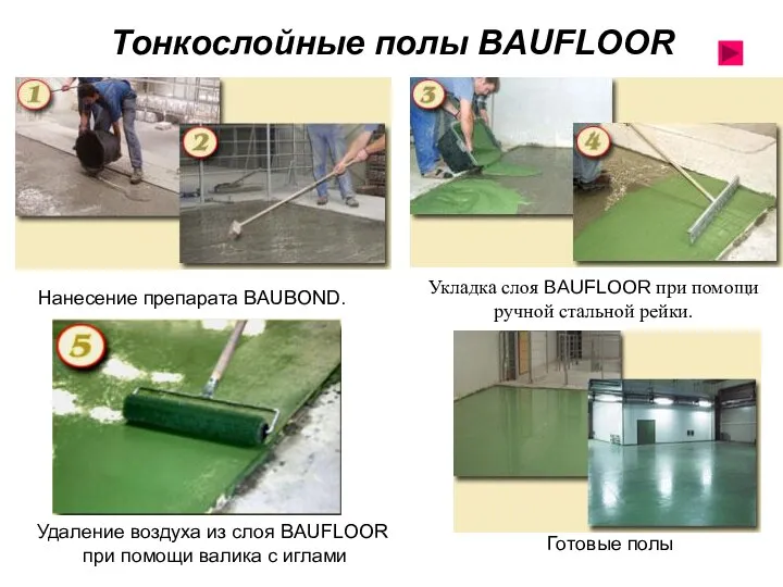 Тонкослойные полы BAUFLOOR Укладка слоя BAUFLOOR при помощи ручной стальной рейки.