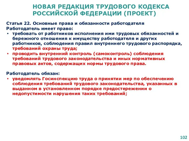 НОВАЯ РЕДАКЦИЯ ТРУДОВОГО КОДЕКСА РОССИЙСКОЙ ФЕДЕРАЦИИ (ПРОЕКТ) Статья 22. Основные права