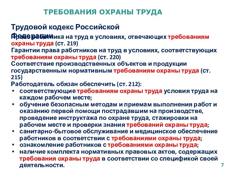 ТРЕБОВАНИЯ ОХРАНЫ ТРУДА Трудовой кодекс Российской Федерации Право работника на труд