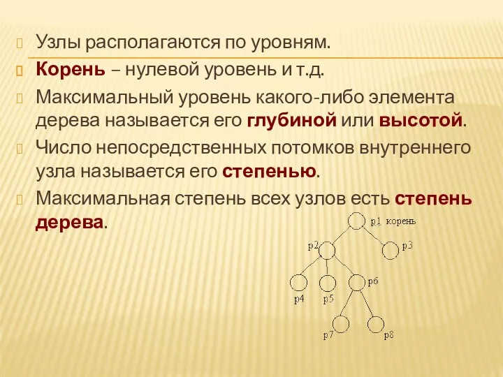 Узлы располагаются по уровням. Корень – нулевой уровень и т.д. Максимальный