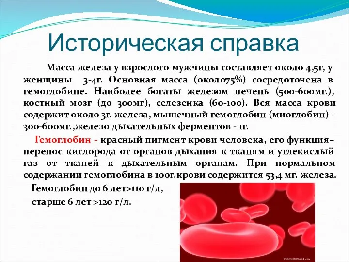 Историческая справка Масса железа у взрослого мужчины составляет около 4,5г, у