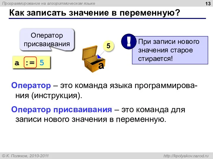 Как записать значение в переменную? a := 5 Оператор присваивания 5