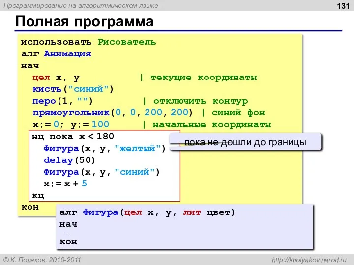 Полная программа использовать Рисователь алг Анимация нач цел x, y |