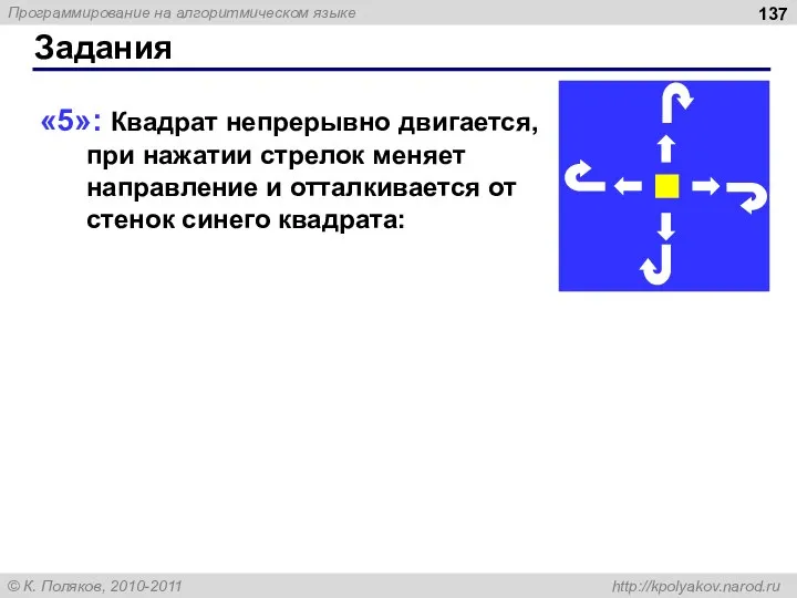 Задания «5»: Квадрат непрерывно двигается, при нажатии стрелок меняет направление и отталкивается от стенок синего квадрата: