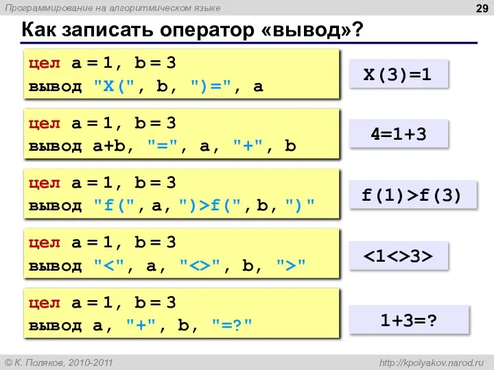 Как записать оператор «вывод»? цел a = 1, b = 3