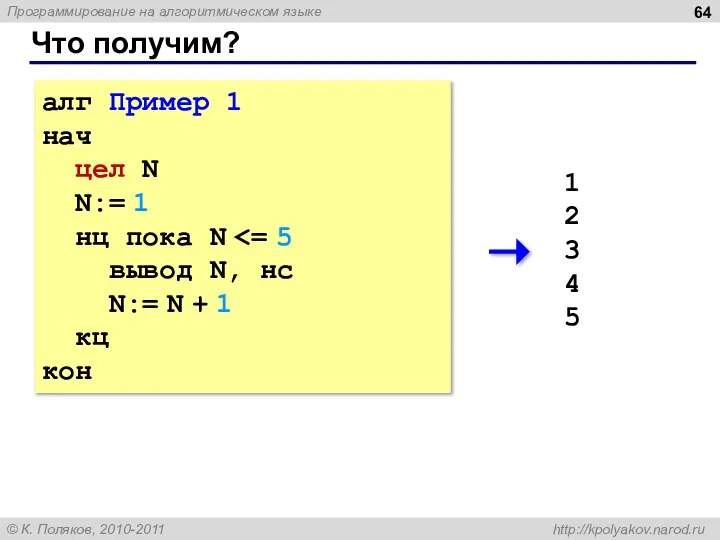 Что получим? алг Пример 1 нач цел N N:= 1 нц