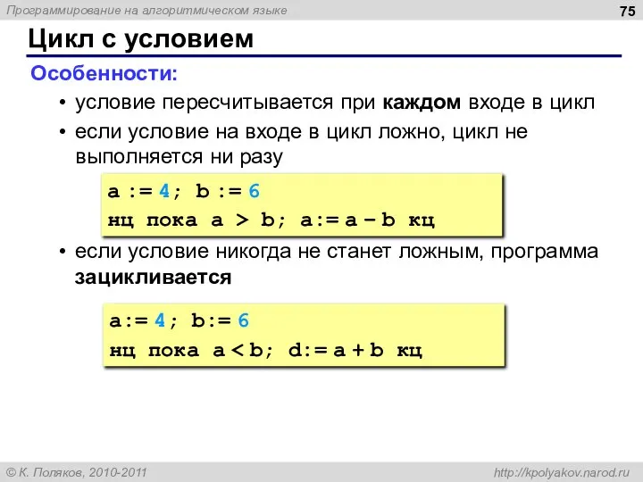 Цикл с условием Особенности: условие пересчитывается при каждом входе в цикл