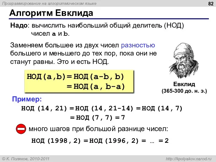 Алгоритм Евклида Евклид (365-300 до. н. э.) НОД(a,b)= НОД(a-b, b) =