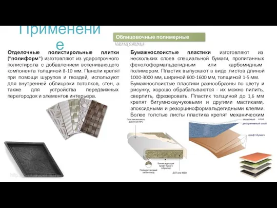 Применение Отделочные полистирольные плитки ("полиформ") изготовляют из ударопрочного полистирола с добавлением