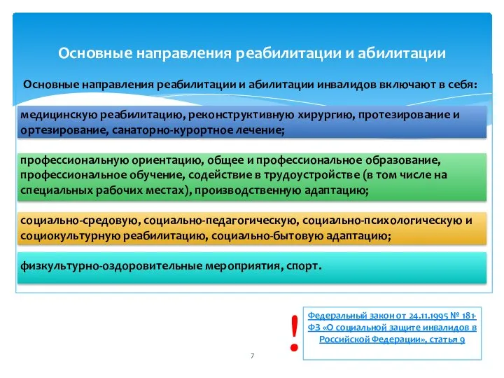 Основные направления реабилитации и абилитации инвалидов включают в себя: медицинскую реабилитацию,