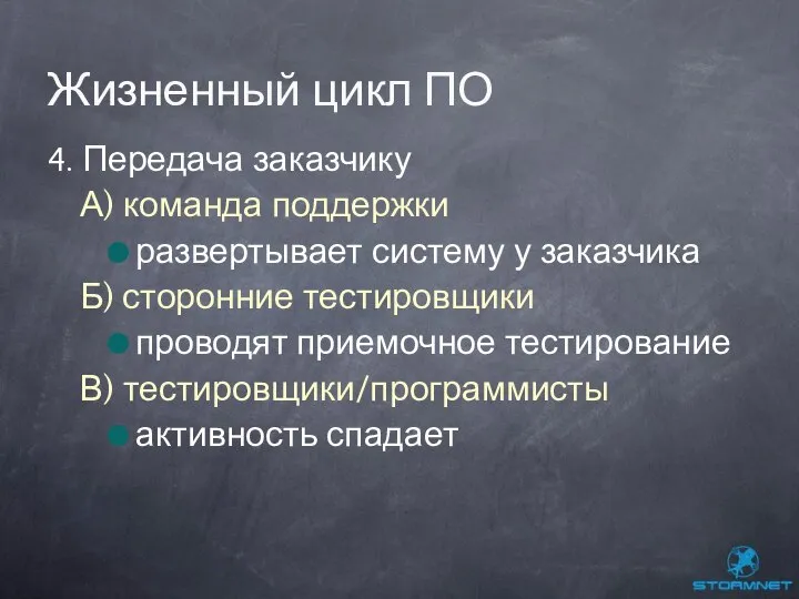 4. Передача заказчику А) команда поддержки развертывает систему у заказчика Б)