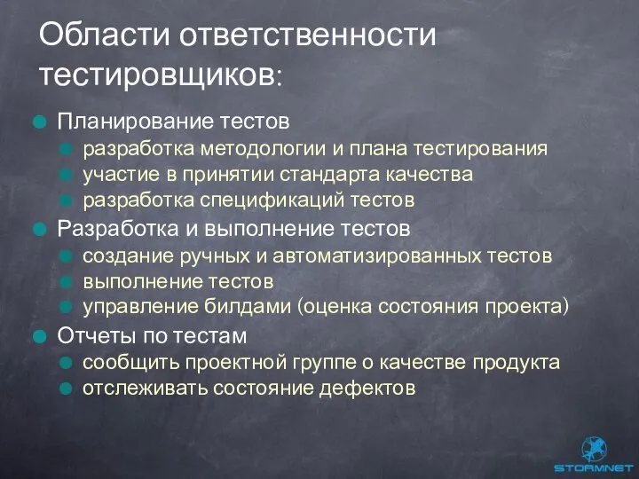 Планирование тестов разработка методологии и плана тестирования участие в принятии стандарта