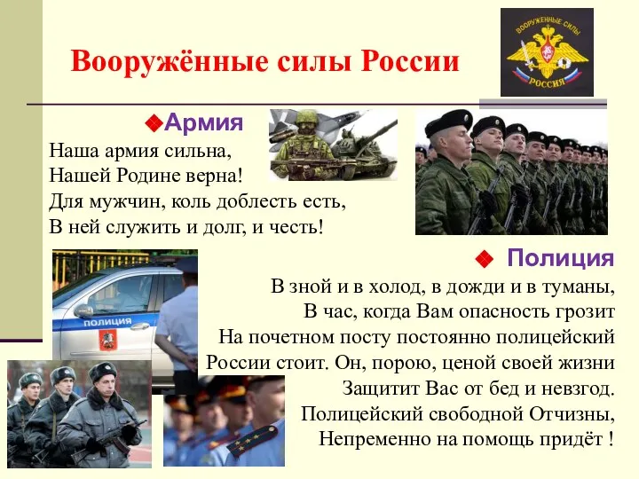 Вооружённые силы России Армия Наша армия сильна, Нашей Родине верна! Для