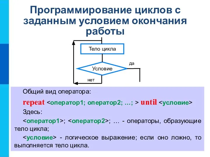 Программирование циклов с заданным условием окончания работы Общий вид оператора: repeat